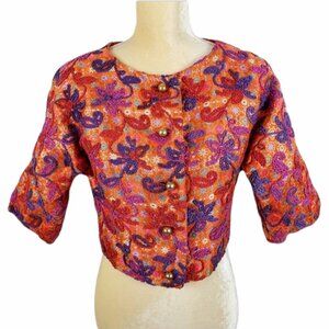 Neiman Marcus Vintage Floral Embroidered Brocade Cropped Bolero Jacket Size XS S